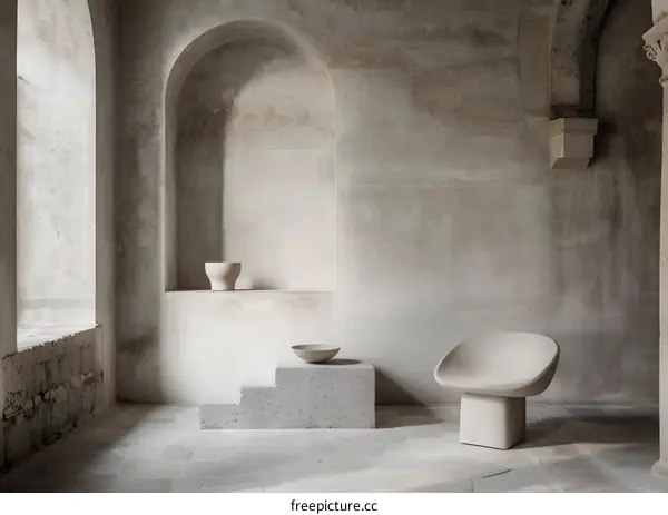 Minimalist Interior Design with Concrete Chair and Stone Bowl
