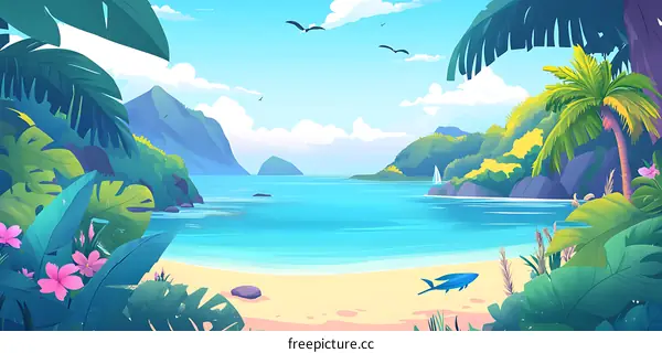 Tropical Beach Landscape Illustration with Palm Trees, Mountains, and Ocean