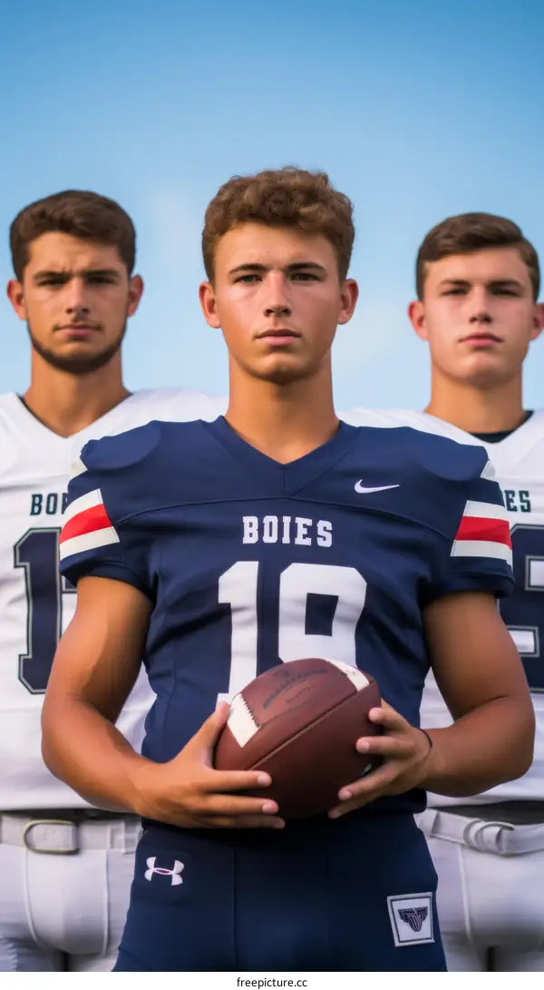 Three high school football players posing for a photo