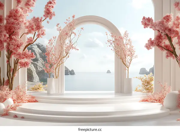 White Round Platform With Pink Flowers And Sea View