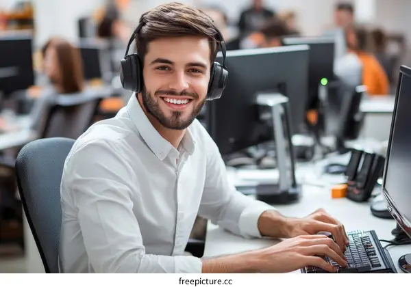 Smiling Caucasian Businessman Working in Office