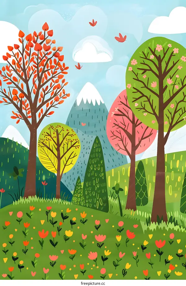 Colorful Spring Landscape With Flowers and Trees