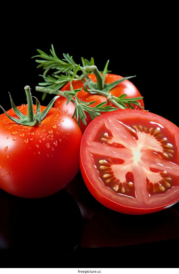 A close up image of a tomato and rosemary
