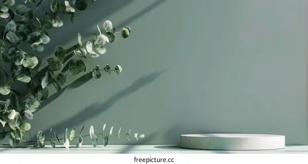 Close-up of a White Podium with Eucalyptus Leaves on a Green Background