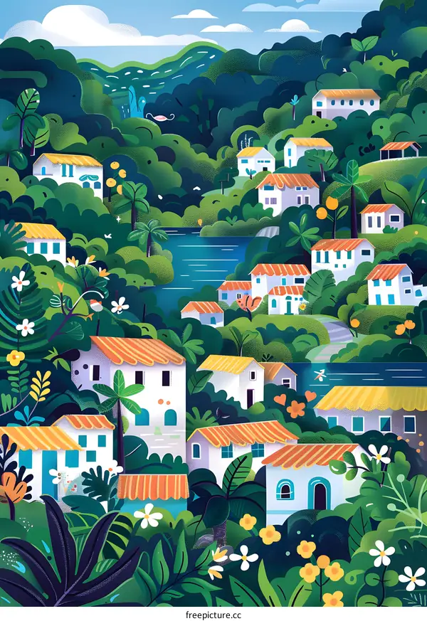 Illustration of a Green Tropical Village with White Houses and a River