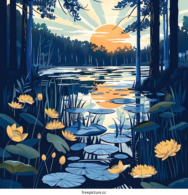 Sunset Over Forest Lake