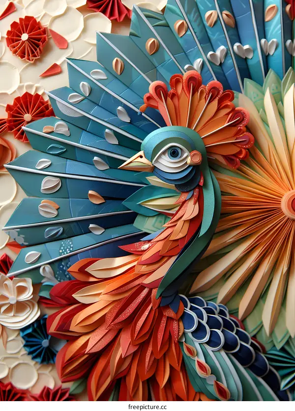 An illustration of a peacock made of paper