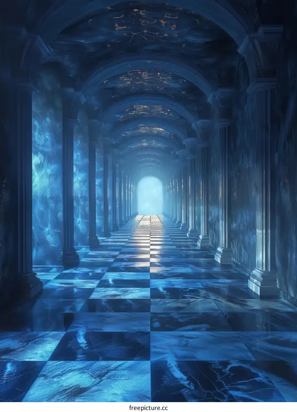 Marble Palace Hallway with Blue Lighting