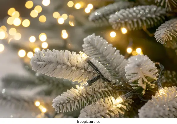 Close up of a decorated Christmas tree with warm white lights