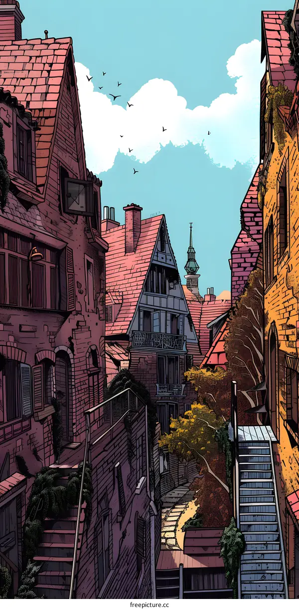 European Style Building Illustration with Brick Walls, Windows and Staircase