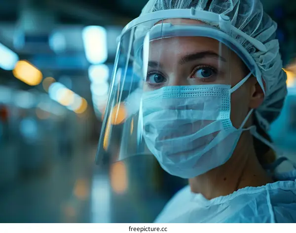 A female healthcare worker wearing a surgical mask, face shield, and hair covering looks on during the coronavirus pandemic