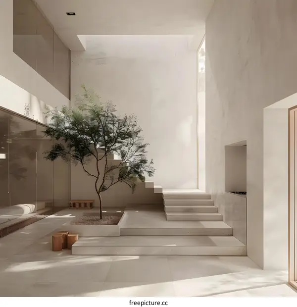 Minimalist Interior Design with Concrete Steps and a Tree