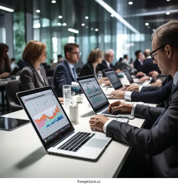 Business professionals in a meeting discussing financial data and strategies