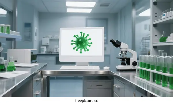 Laboratory Scene with Virus Display on Computer Screen