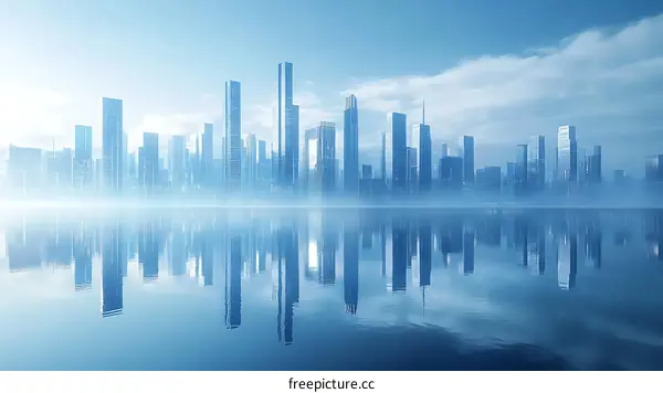 Modern City Skyline Reflection on Calm Water