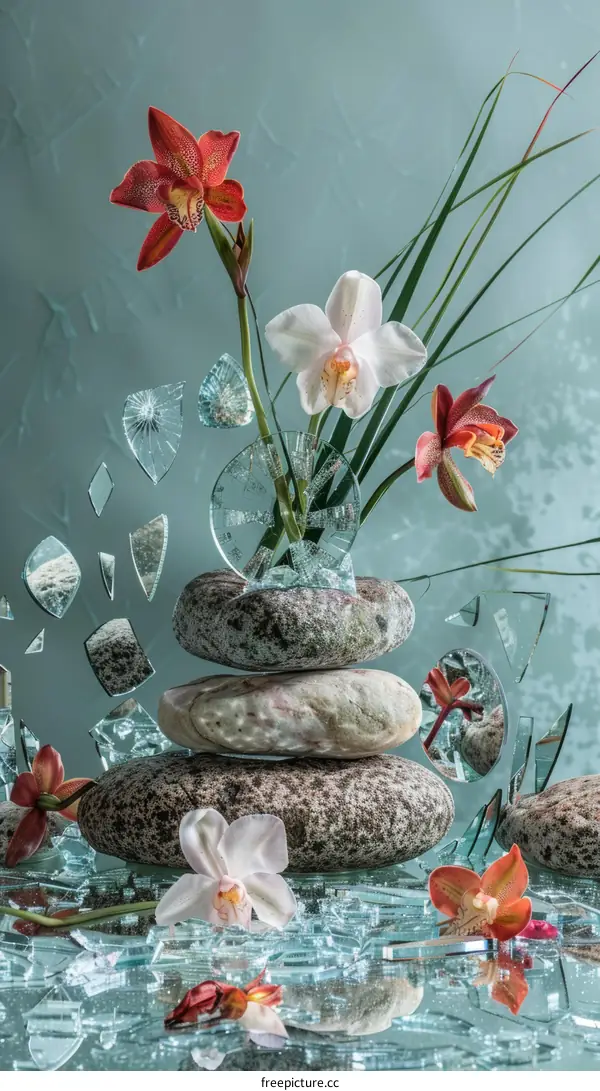 Orchid Flowers and Broken Glass Shards on Rocks