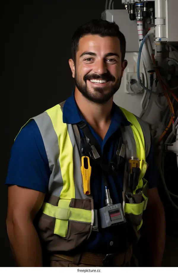 Portrait of a smiling young male technician wearing a blue uniform and yellow safety vest standing in front of an industrial machine