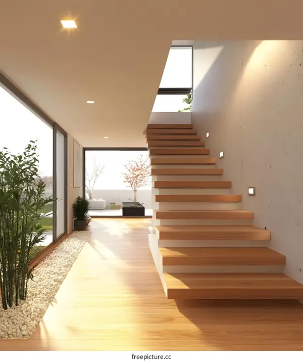 Modern Interior Design With Wooden Stairs And Sunlit Floor