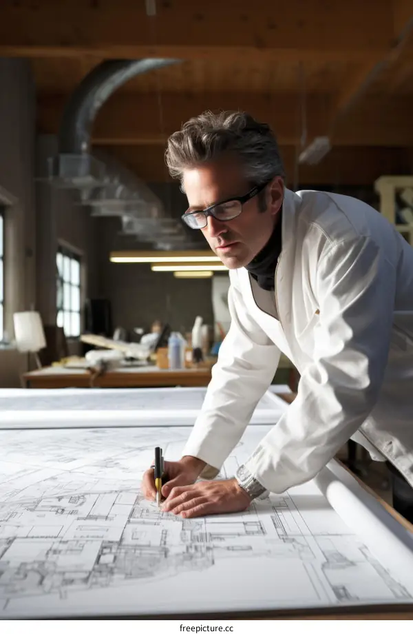 Male architect working on blueprint plans in studio