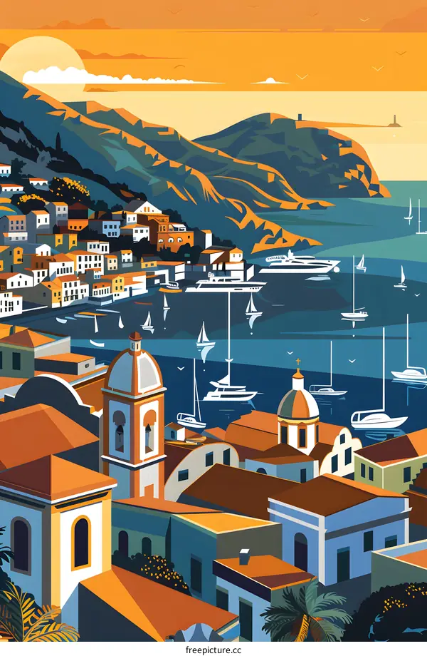 Colorful Illustration of a Coastal Town with Boats in the Harbor