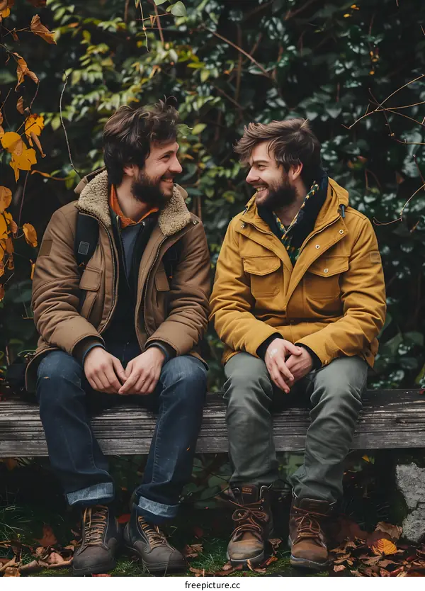 Two men are sitting on a bench in a park, talking and laughing.