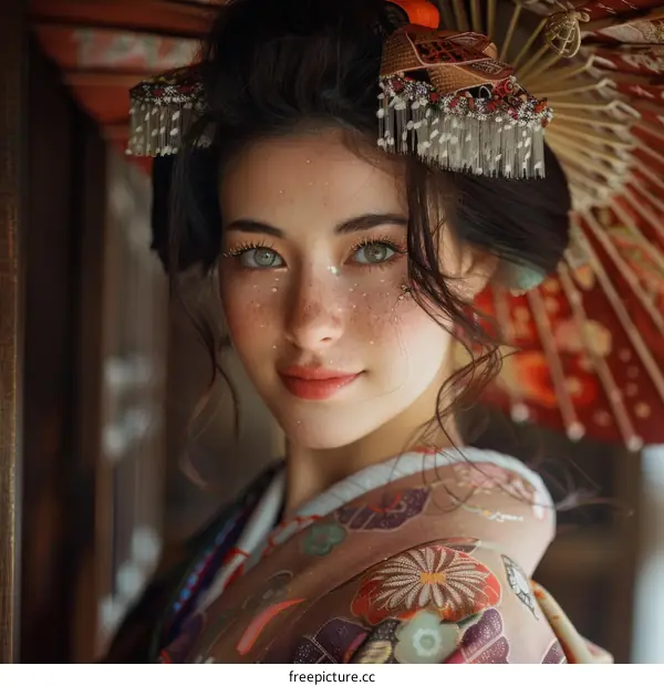 Portrait of a beautiful Japanese woman in traditional kimono with red umbrella