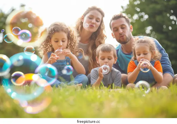 Family of five blowing bubbles in the park