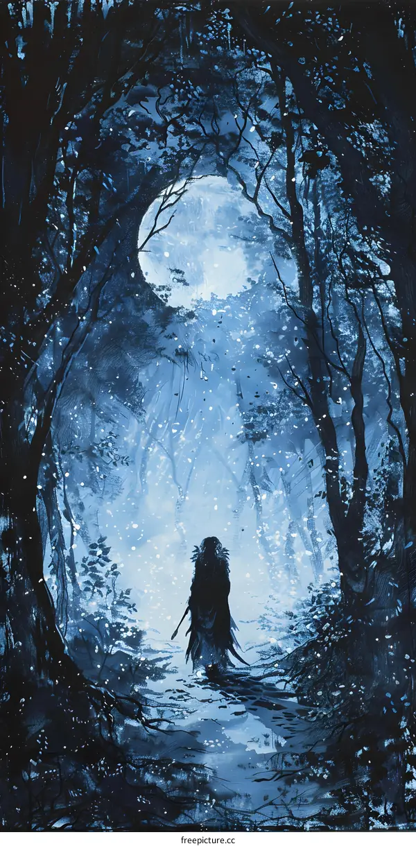 Silhouette Of A Person In A Dark Forest With A Full Moon