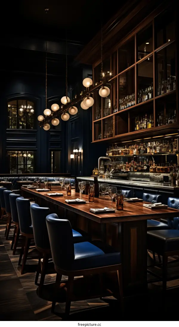 Elegant Restaurant Interior with Dark Wood and Blue Leather Chairs