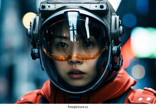 A young girl in a spacesuit looking at the camera