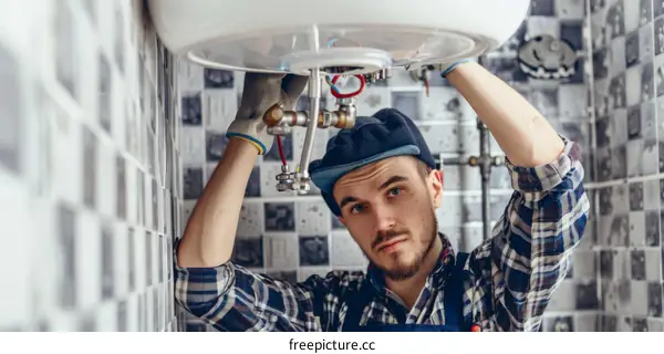 A plumber in work clothes is installing a water heater on the wall
