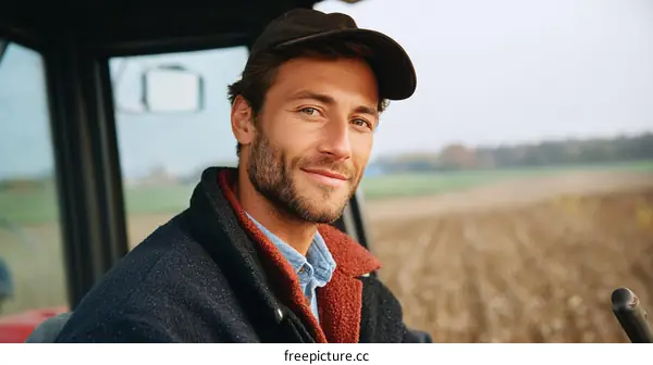 Farmer in Tractor  Enjoying Autumn Field