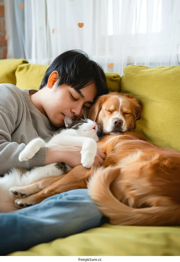 A man is sleeping on the couch with a cat and a dog