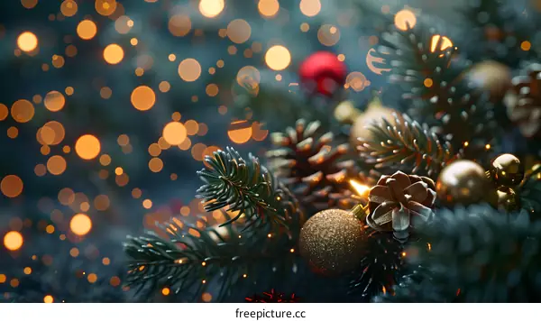 Christmas Tree With Ornaments And Lights In The Background