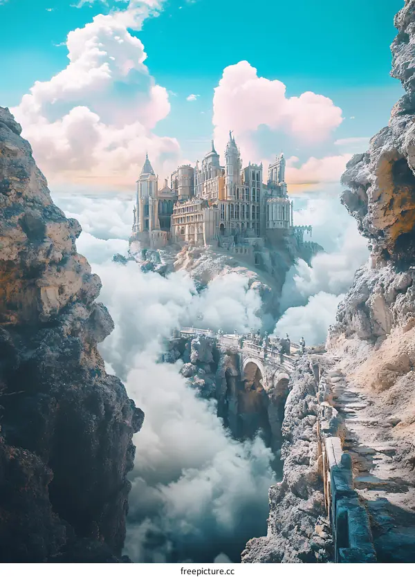 Fantasy Castle In The Clouds With Bridge