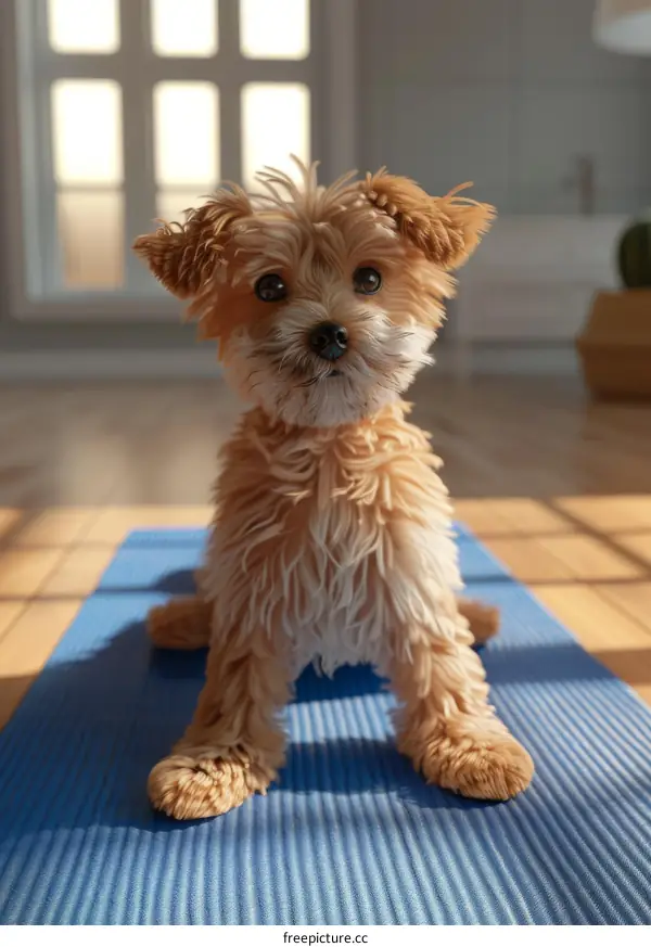 A cute puppy is doing yoga on a blue mat