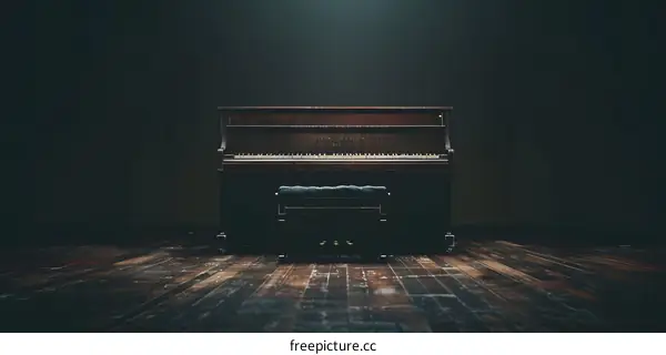 Old Piano In Dark Room With Wooden Floor