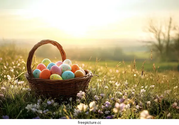 Easter Basket Filled with Colorful Eggs in a Meadow