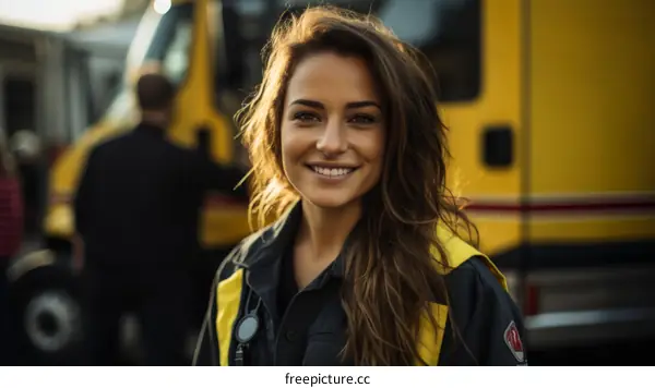 Portrait of a smiling female firefighter in front of a fire truck