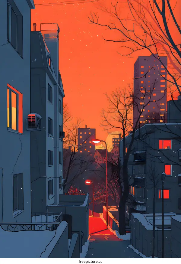 Cityscape Illustration with Sunset Sky