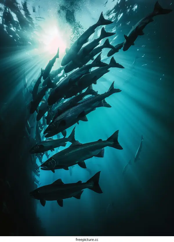 A large school of fish swim in the deep blue sea