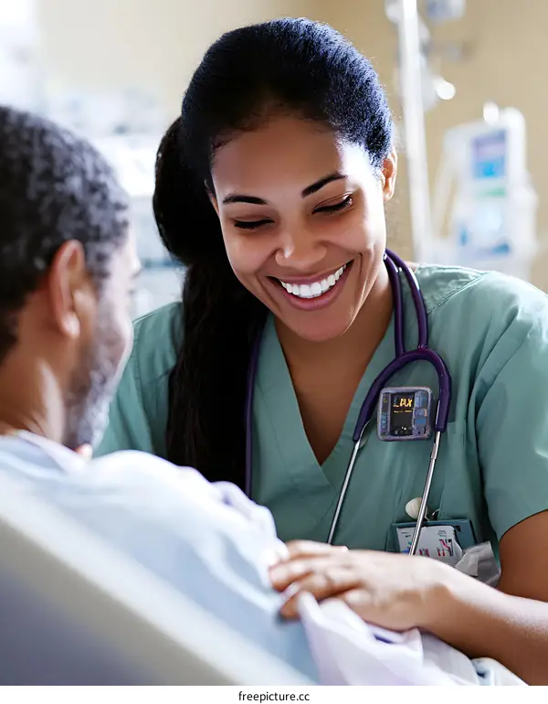 Smiling Nurse Caring for Patient in Hospital Bed