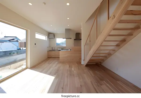 Modern Minimalist Kitchen Interior Design With Wooden Stairs and Hardwood Floors