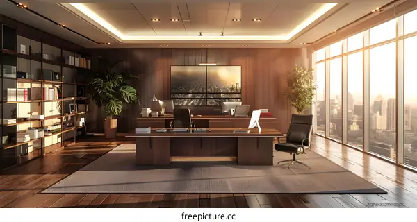 Modern office interior with large windows and wooden furniture