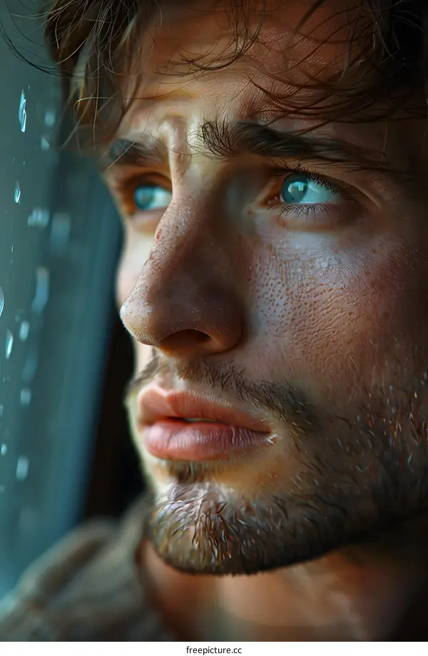 Portrait of a young man with water drops on his face
