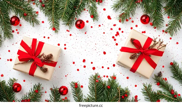 Christmas Presents with Pine Branches and Red Decorations on White Background