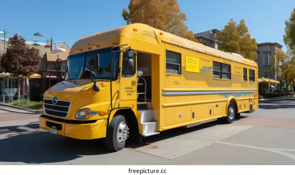 Bookmobile in front of a modern building