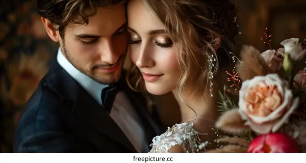 A newlywed couple is cuddling, and the bride is holding a bouquet of flowers