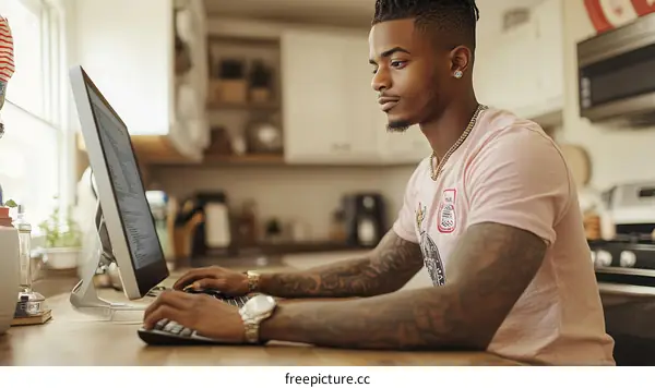 African American Man Working on Computer in Kitchen