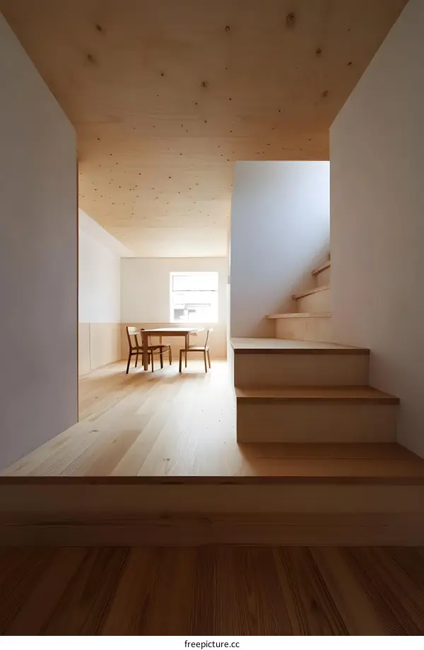 Modern Minimalist Wooden Stairs and Dining Area Interior Design